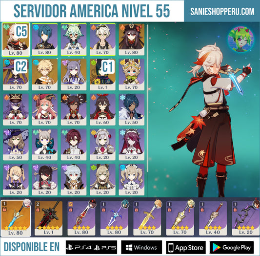 [Nivel 55] ✨ Kazuha C5 + Arma + Hu Tao + Mona C2 + Tighnari C1 + Keqing + Lapida del Lobo