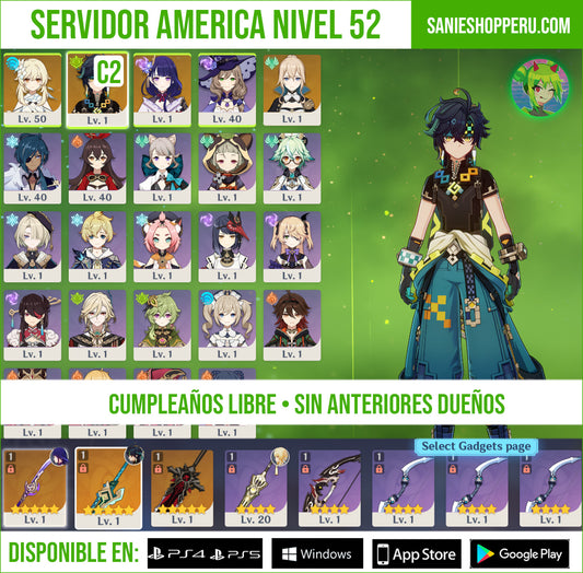 [Nivel 52] ✨ Kinich  C2 + Arma + Raiden Shogun + Arma + Jean + Lapida del Lobo