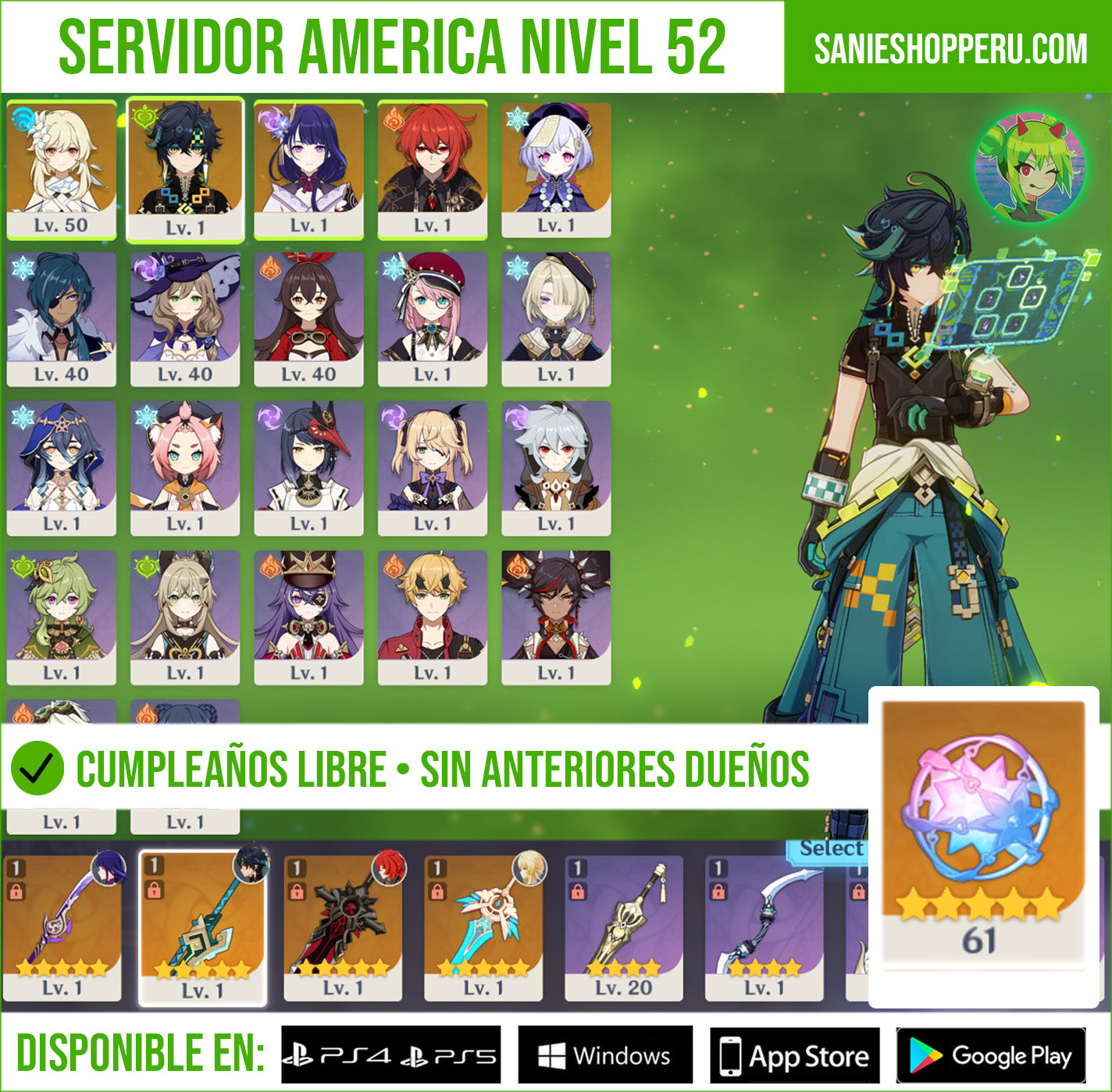 [Nivel 52] ✨ Kinich + Arma + Raiden Shogun + Arma + ✨61 Destinos Entrelazados✨ + Diluc + Qiqi + Lapida del Lobo + Hoja Afilada