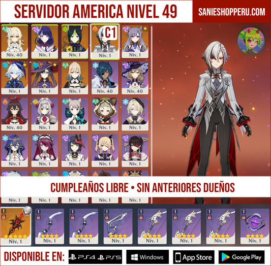 [Nivel 49] ✨ Arlecchino C1 + Arma + Raiden Shogun + Furina + Keqing + Mona + Jean